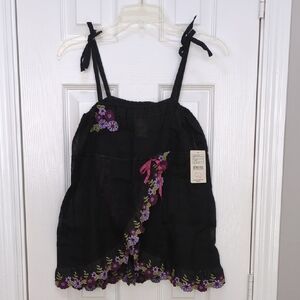 Free People Black Camisole Babydoll with Purple Floral Embroidery